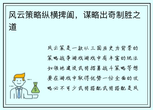 风云策略纵横捭阖，谋略出奇制胜之道